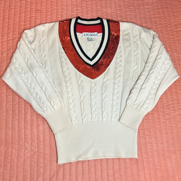Vintage 80s Escada Wool Cable Knit Sweater with Red Sequin V Neck size 38 or M/L - Picture 13 of 16
